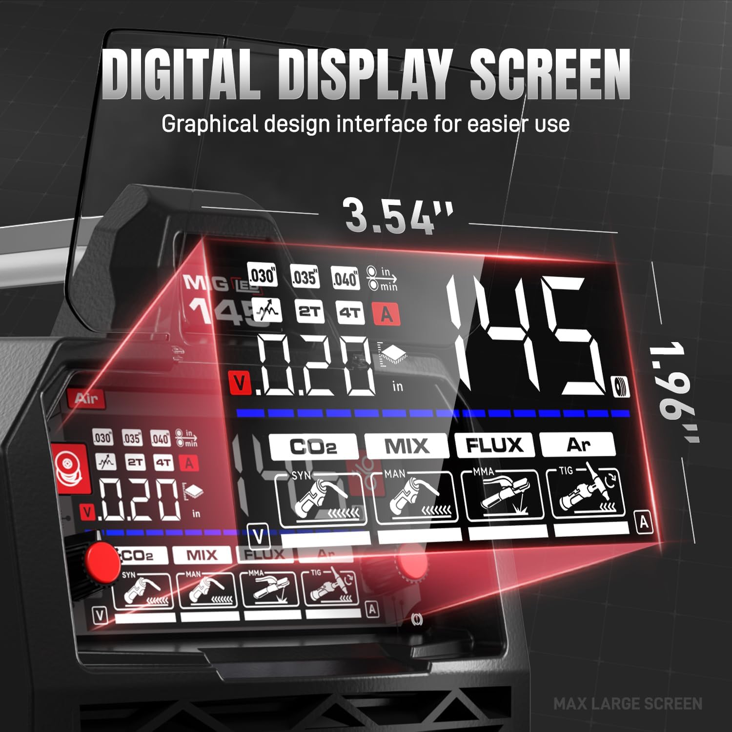 Close-up of the ANDELI MIG-145 AIR welder's 4.1-inch digital display screen