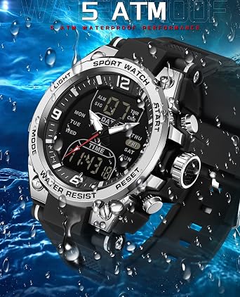 Men's Watch Sport Waterproof Military Watches Outdoor Tactical Digital Analogue Watch Electronic Wrist Watches with LED Stopwatch Countdown Alarm Dual Time Big Face