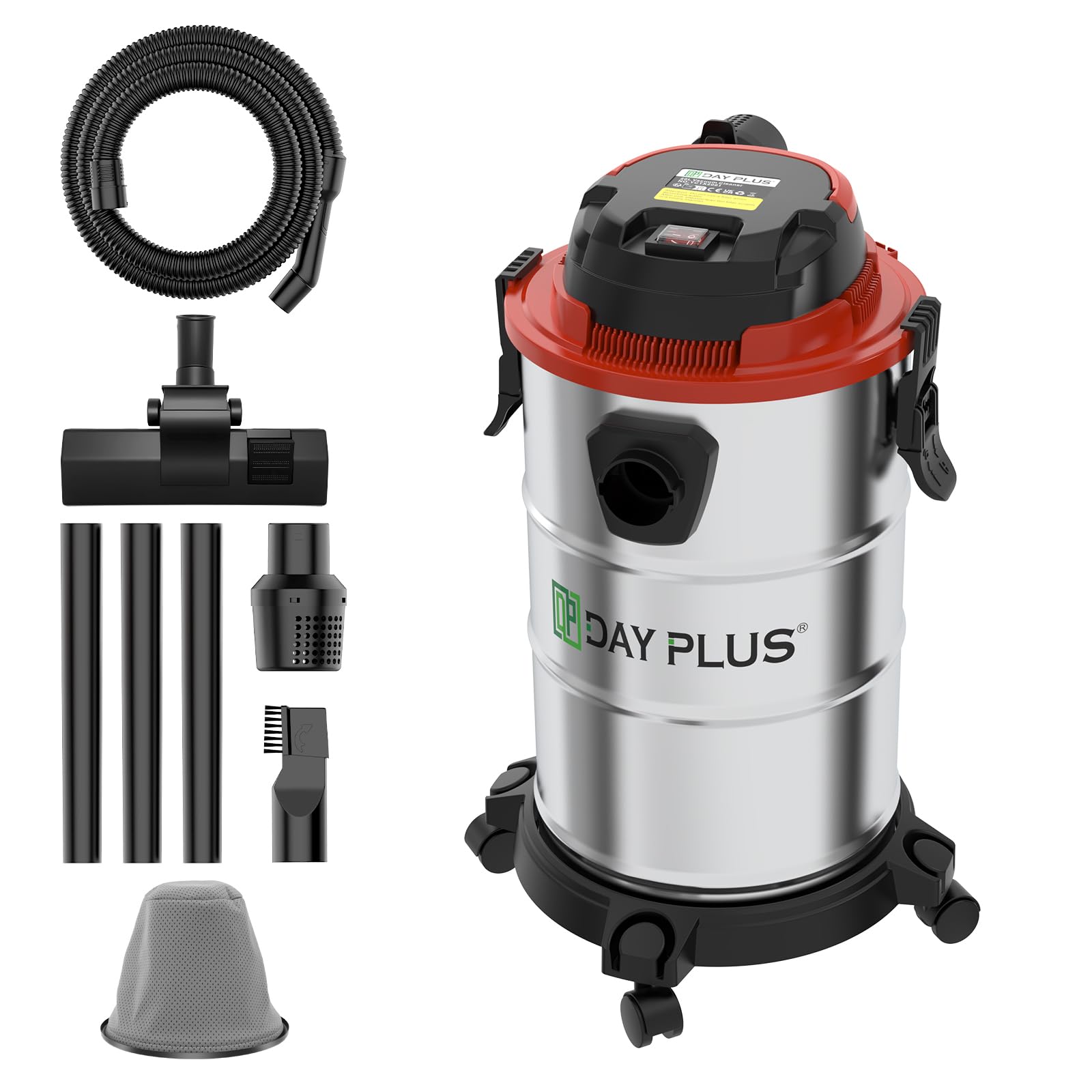 DayPlus Aspirador Multifuncional húmedo y seco 1200W, Capacidad 18L, Manguera de 1,5M, 2 aspiradores, 1 Cepillo, Cable de 5m, fácil de Usar