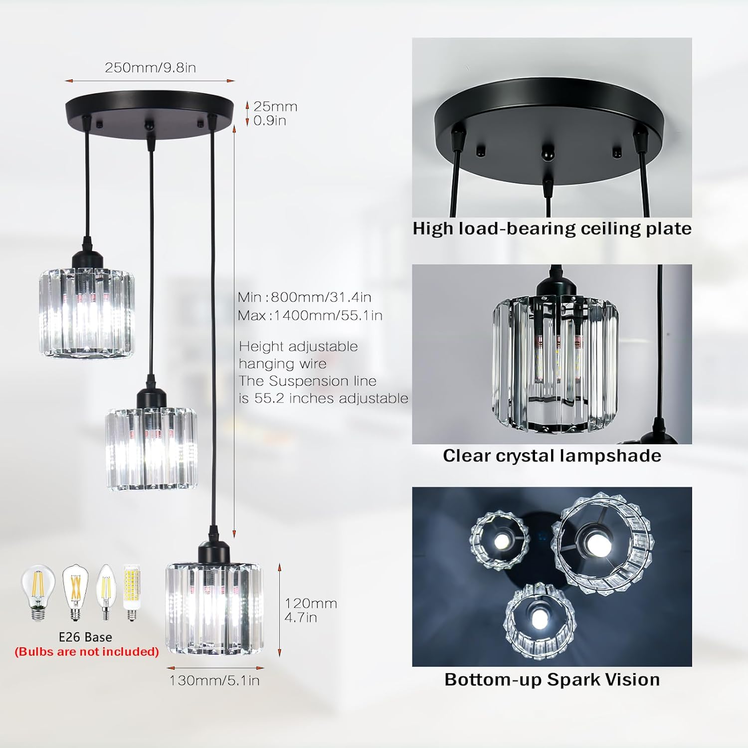 Crystal Pendant Lights Round Ceiling,Modern Crystal Chandeliers Hanging Light Fixture for Kitchen Island,Adjustable Chandelier for Dining Room,Foyer,Living Room Entryway Black 3 Lights