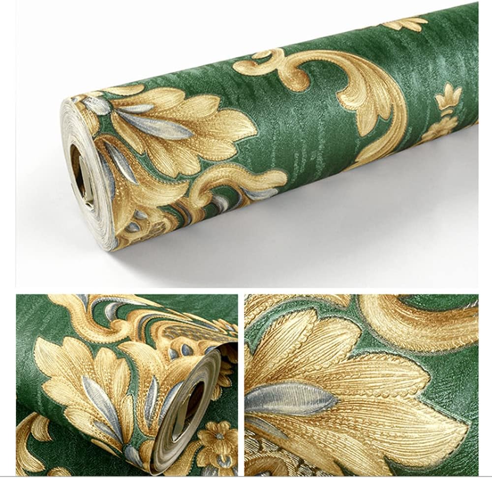 Q QIHANG European Style 3D Damask PVC Wallpaper Living Room Bedroom TV Background Wall 20.87" Wx393.7 L Non-Pasted (Dark Green)
