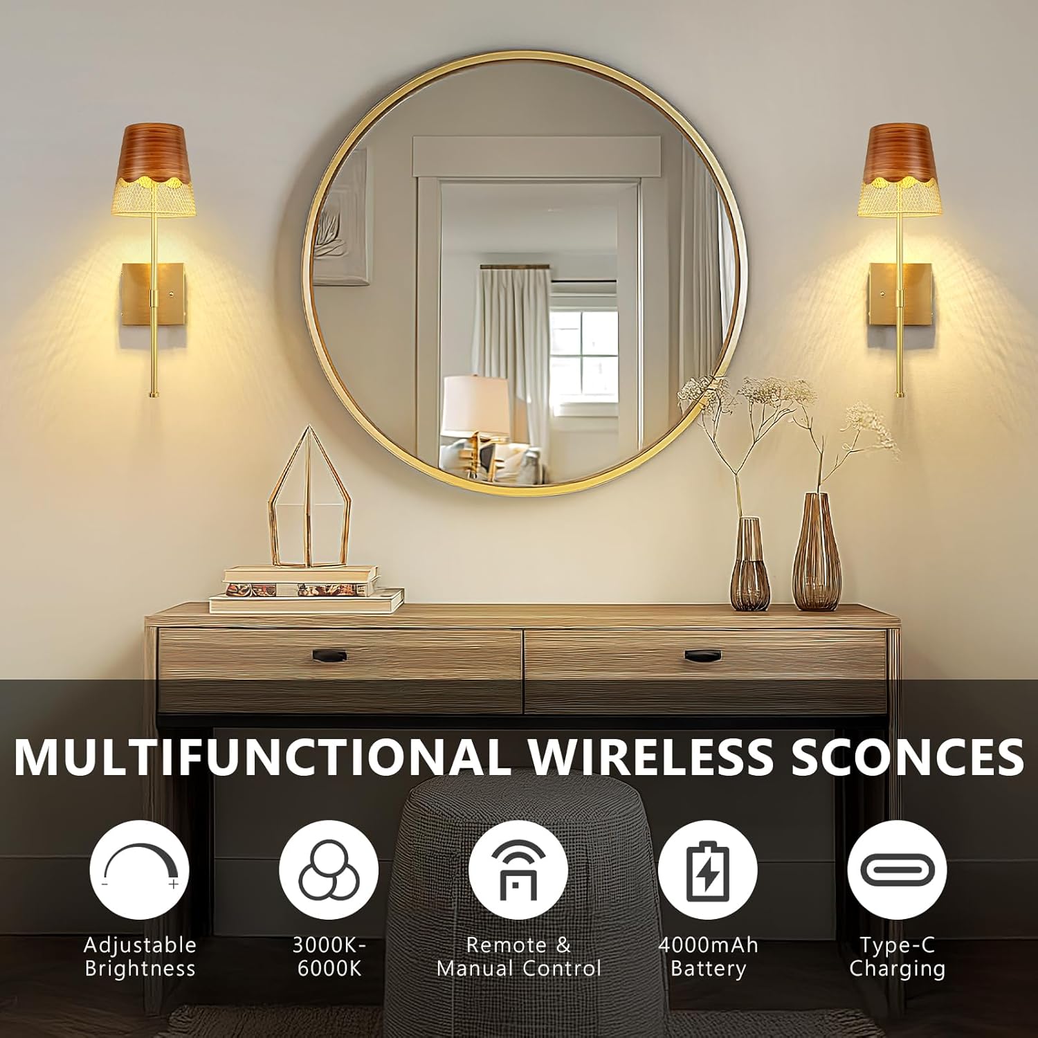 Gold Battery Operated Wall Sconces Set of 2, Cordless LED Wall Lights with Touch and Remote,Stepless Dimmable and Rechargeable Lighting for Living Room, Bedroom,Bathroom,Hallway,Gifts