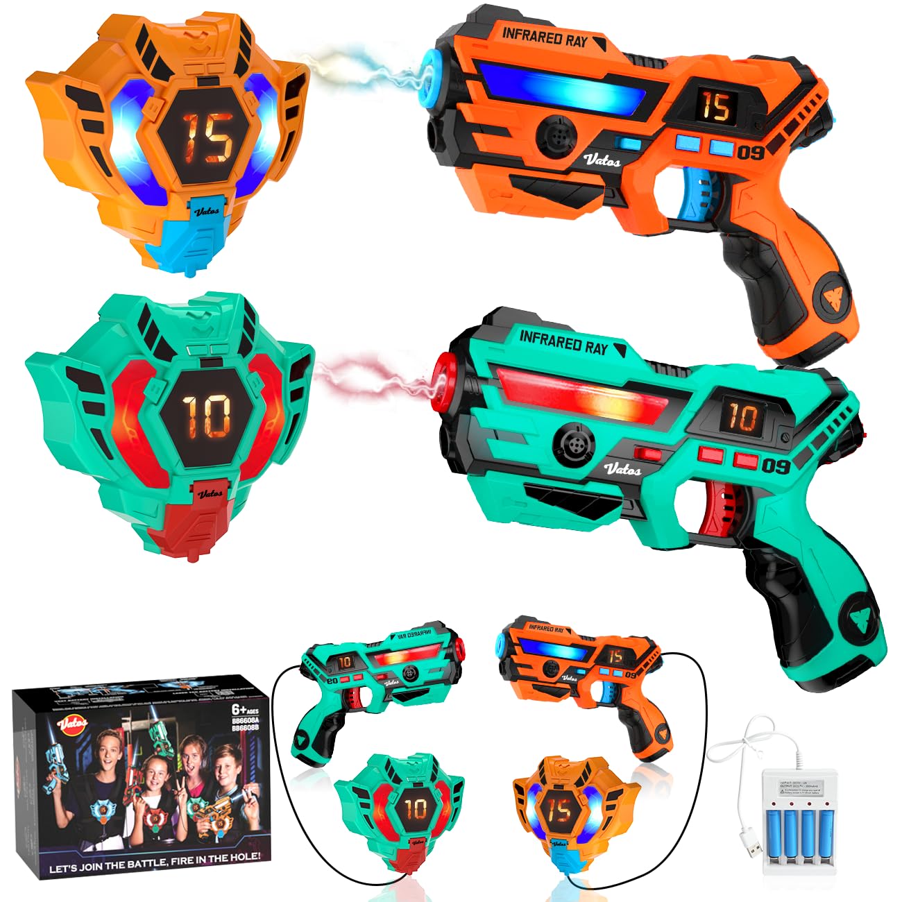 VATOS Wiederaufladbare Laser Tag Set 2 Packs - Echtzeit-Daten SYNC Infrarot Laser Tag Sets, 2 Spieler Lazer Tag Shooting Game für Kid Teen Alter 6-12 Jahre alt Spielen drinnen und draußen