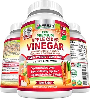 FRESH HEALTHCARE Apple Cider Vinegar Capsules Max 1740mg with Mother - 100% Natural & Raw with Cinnamon, Ginger & Cayenne Pepper - Ideal for Healthy Living, Detox & Digestion -120 Vegan Pills