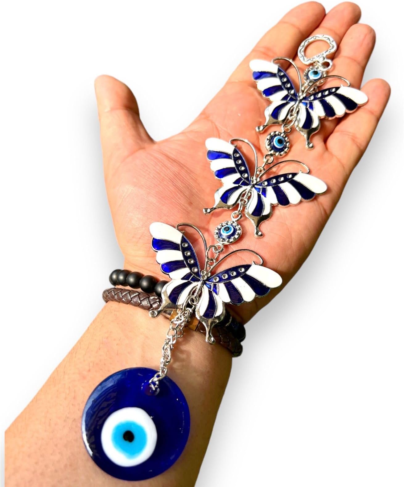 BLUE BEADS 3 Layer White Blue Enamelled Butterfly with Evil Eye Pendant Decor...
