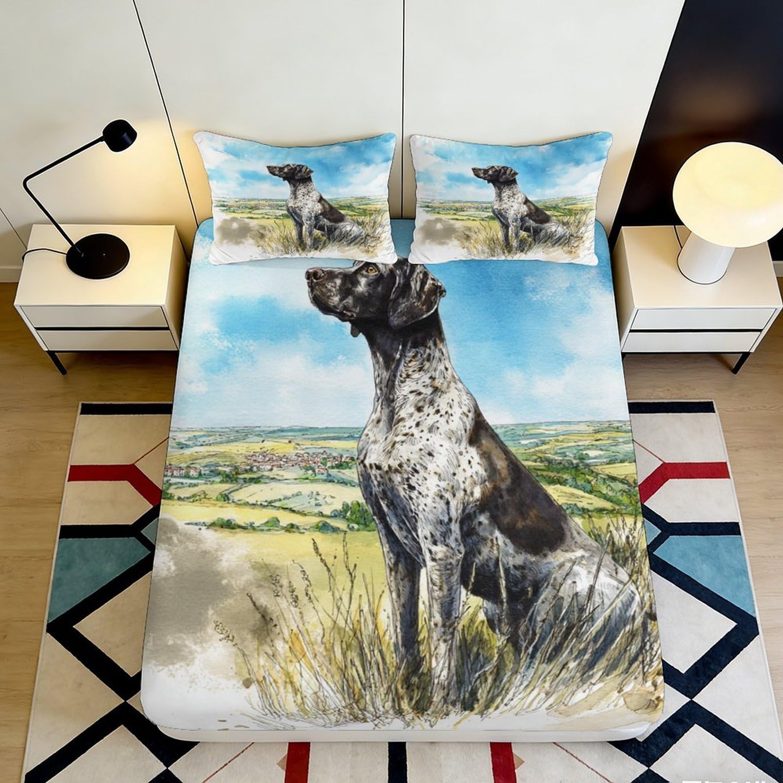 3D Printed Countryside Dog Fitted Sheet Microfiber Soft Breathable Field Landscape Bed Cover for Bedroom Guest Room Decor 90x200x25cm