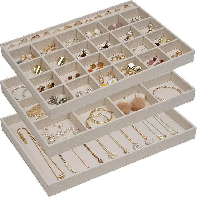 ProCase Jewellery Tray Stackable Velvet Jewellery Drawer Organiser for Dresser Wardrobe Jewellry Organizer Display Storage Box for Earrings Bracelets Rings Women Girls Set of 3 -Beige