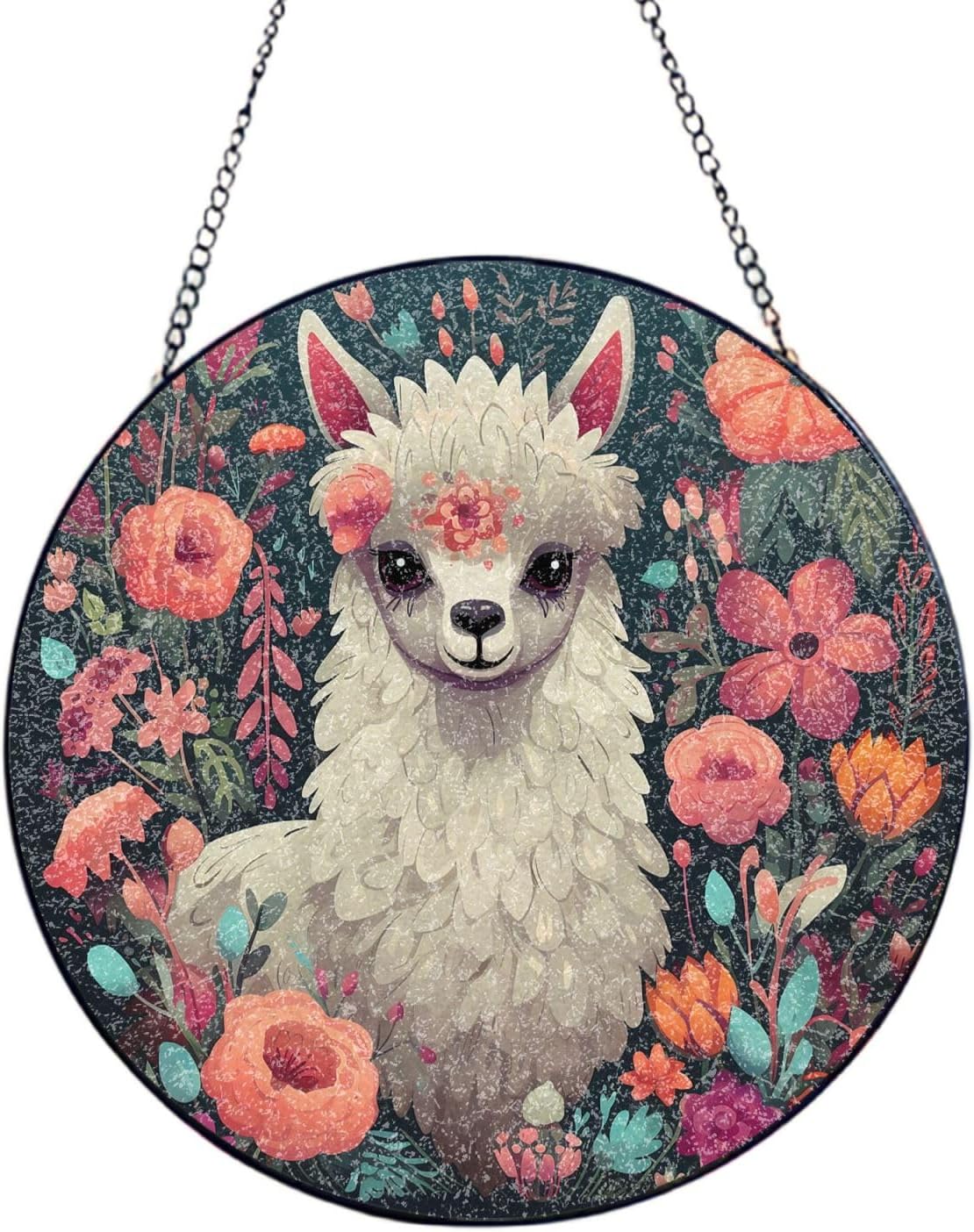 Cute Llama Floral Stained Glass Suncatcher for Window Hanging Sun Catcher Ornament for Women Men Suncatcher for Home Decor, 6in（15cm） Round Glass Ornament for Mother's Day Birthday Gift