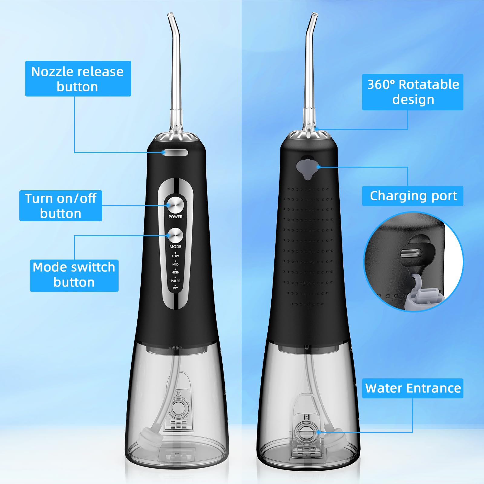 Jet Dentaire Hydropulseur Portable, Jet Dentaire Sans Fil Rechargeable avec 5 Mode set 6 Buses Capacité de 300 ML IPX7 Étanche Pour La Maison et Les Voyages (Noir)