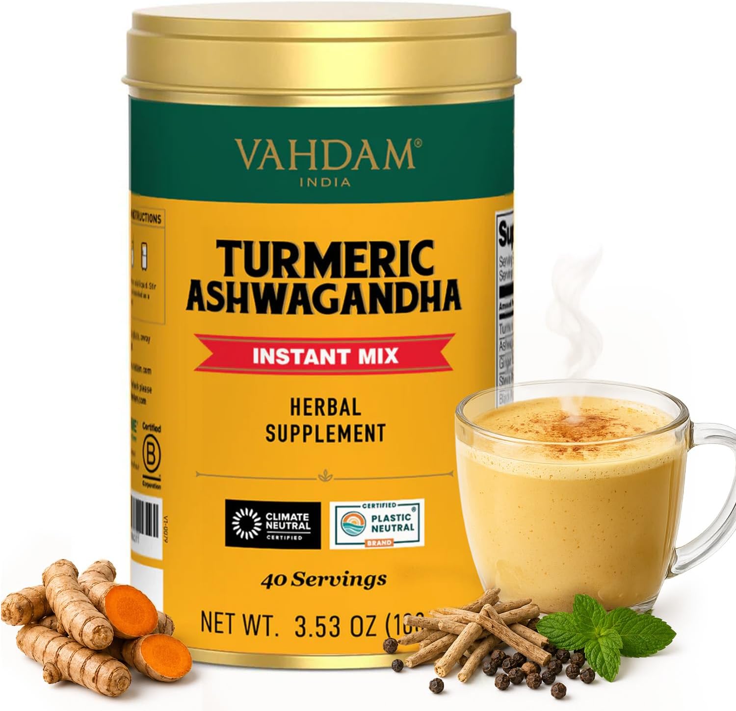 VAHDAM, Turmeric Ashwagandha - Ashwagandha with Turmeric, Ginger & Black Pepper | Non-GMO & Gluten Free | Herbal Supplement - 40 Servings