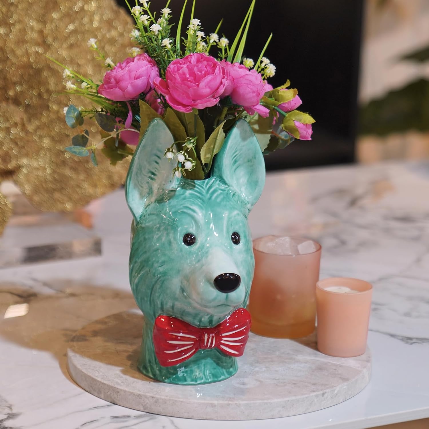 Decorative Garden Set, Mint Green Dog Head Planter with Red Bow Tie and Purple Flower Stepping Stone, 2 Piece Cynkeyee