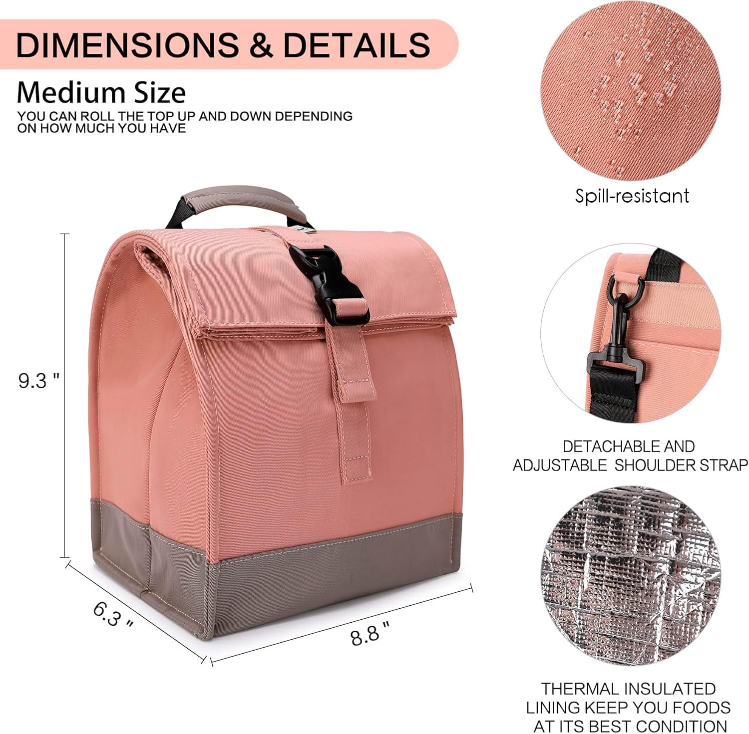 SUNNY BIRD Insulated Lunch Bag Rolltop Lunch Box (Pink with pink shoulder strap) image 3