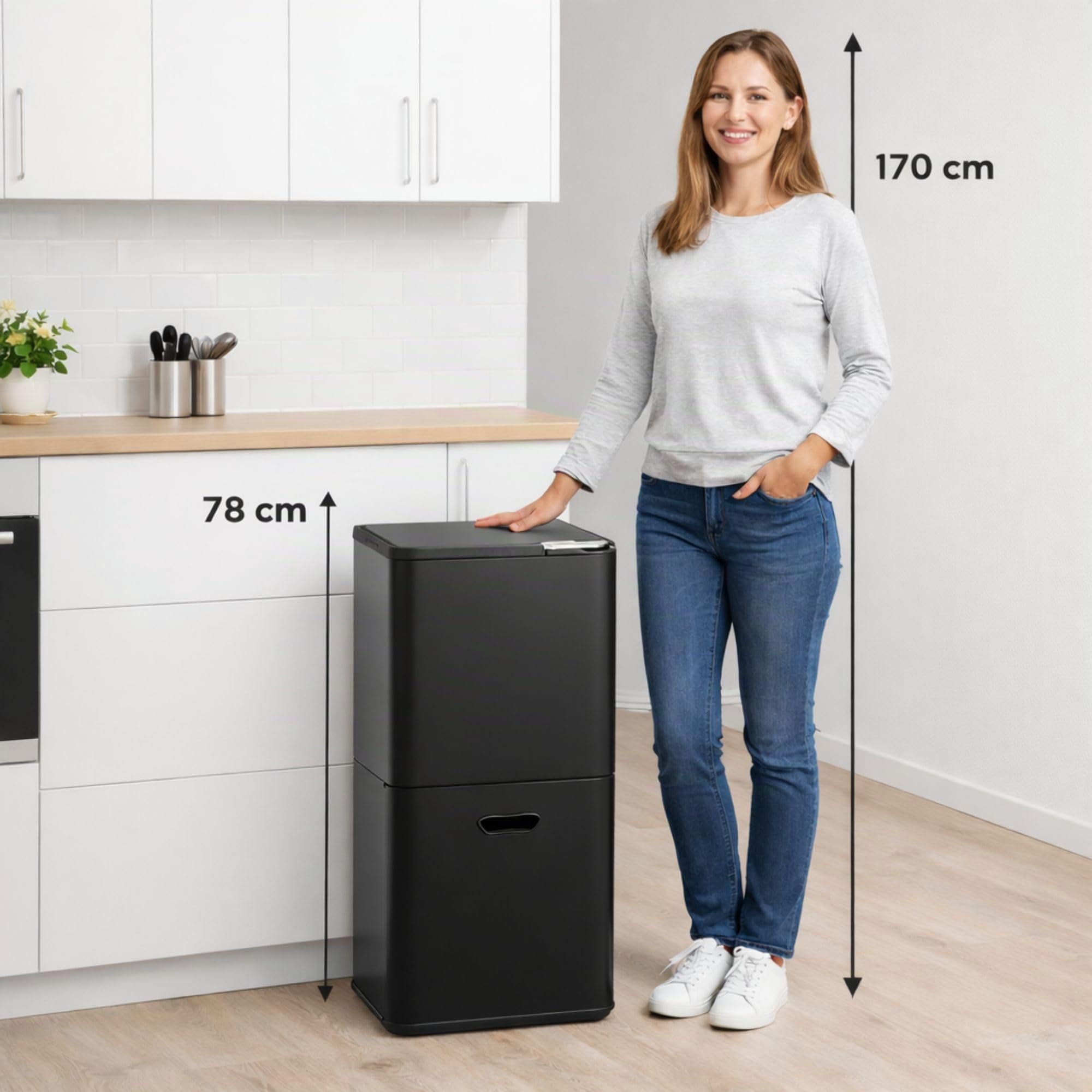 Bayt Cubo De Reciclaje De 60 L Para Cocina - Cubos De Cocina De 60 Litros Con Dos Cubos Interiores Para La Separación De Residuos | Cubo De Basura Vertical De Acero Inoxidable Negro Mate