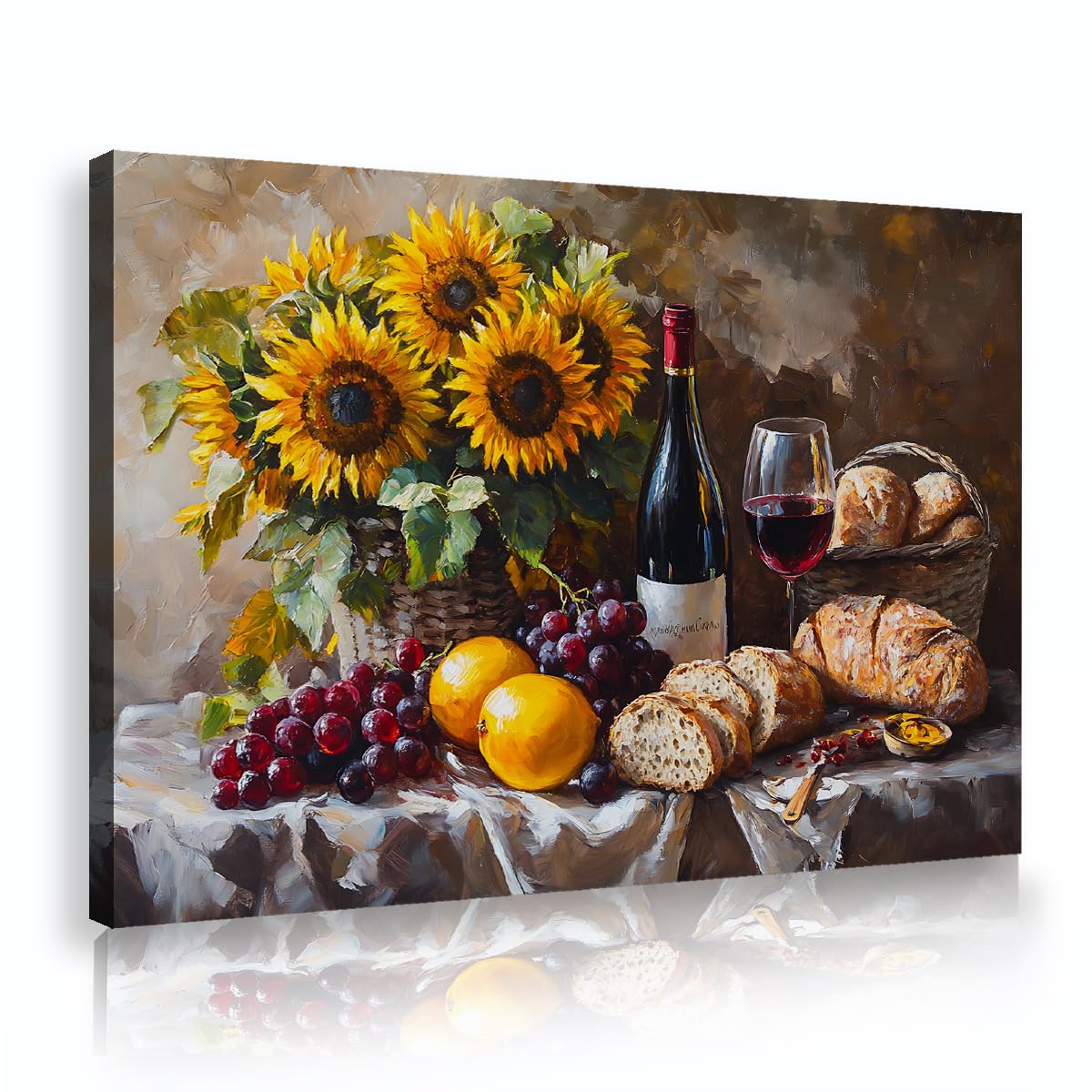CHERHERART Sunflower Still Life Wall Art Prints Decor Vintage Fruit and Bread Farmhouse Pictures Poster Rustic Flowers in Vase Canvas Painting 45x70cm Innerframe