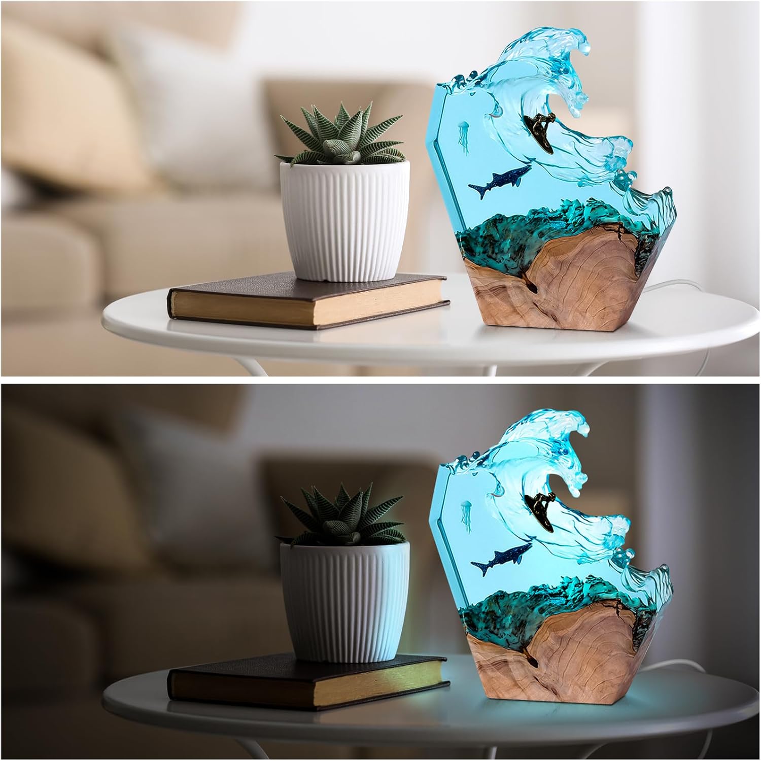 Resin LED Ocean Surfing Night Lights,Handmade Wooden Epoxy Resin Bedside Table Lamp,3D Art Ornaments Office Bedroom Room Party Decor for Surfer Men Women Boys Girls (8-inch Surfing)