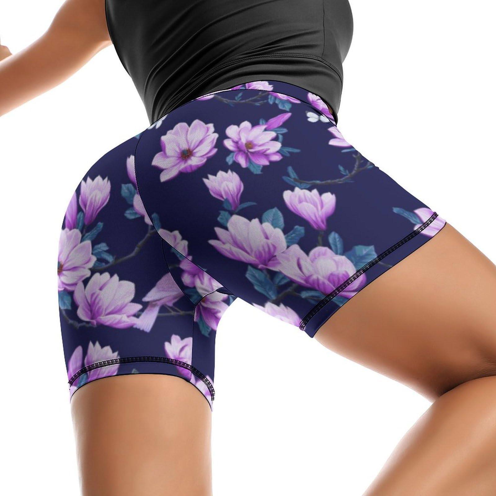 Cherry Blossoms Flower Pattern High Waist Yoga Shorts for Women Athletic Shorts Leggings Running Pants