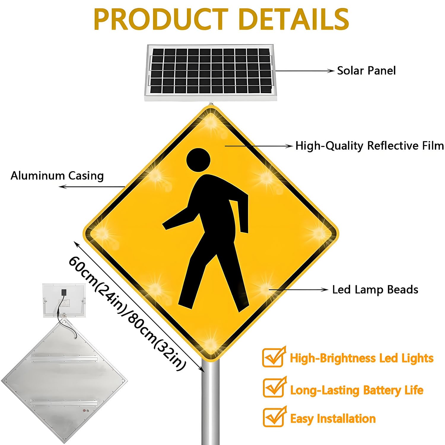 Señal de cruce de peatones LED con energía solar, señal de advertencia de tráfico, marco inoxidable para seguridad vial