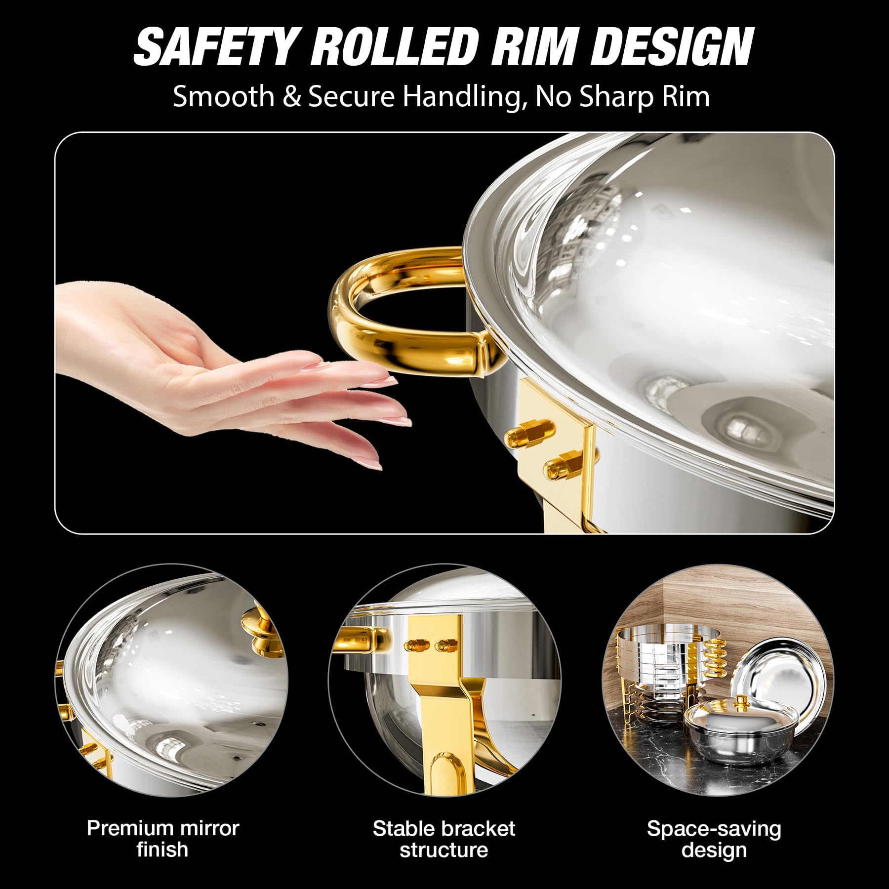 WARMOUNTS Gold Chafing Dishes for Buffet (5QT, 6 Pack), Round Chafer and Warmer Set with Lid Holder, Rolled Rim Process (No Finger Cuts), Mirror-Polished Stainless Steel, for Catering, Party, Wedding