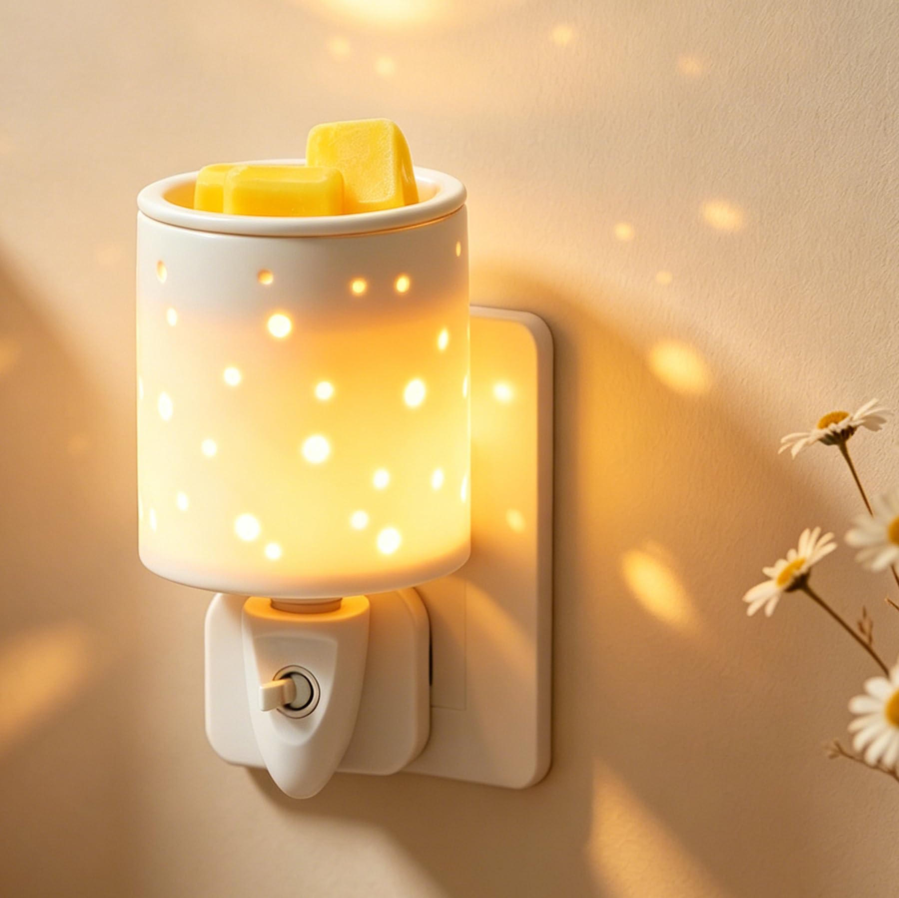 Electric Plug in Wax Melt Burner – UK Wall Socket, Ceramic Oil Burner with Night Light (White-Hole)