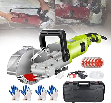 Electric Wall Chaser Concrete Cutter, 7500r/min Concrete Groove Slotting Machine, Wall Chaser with 5 Saw Blades for Brick Marble Concrete, Cutting Width 1.3in and Depth 1.45in,green