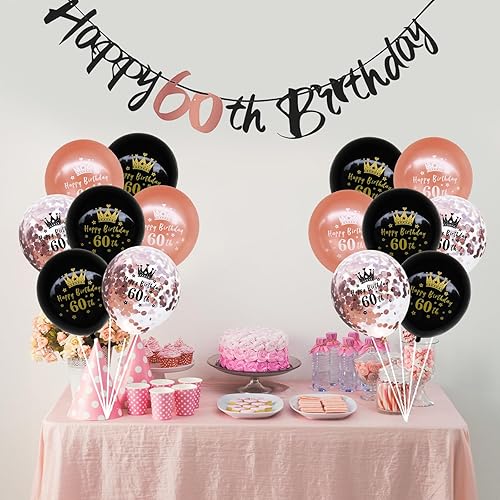 Miniatura 7 de Kit de decoración de cumpleaños número 60, 16 piezas de decoraciones de cumpleaños de oro rosa negro con banderines de feliz cumpleaños 60, globos