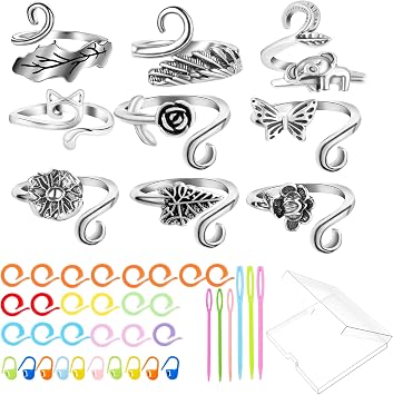 HUISUYTON 9PCS Crochet Ring for Finger, Adjustable Crochet Tension Ring, Yarn Rings for Crocheting Knitting Gifts for Women