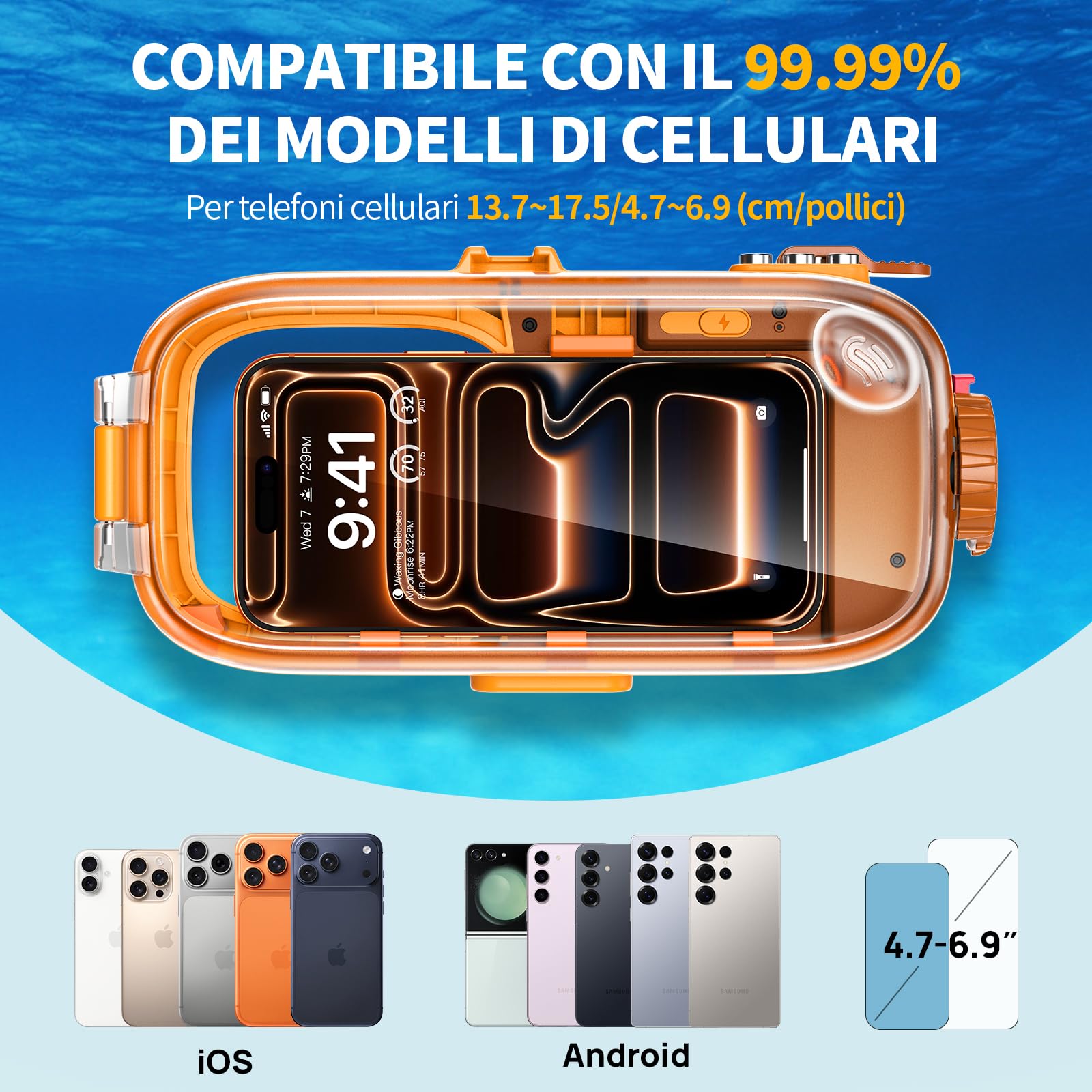 Lanhiem Custodia Impermeabile Professionale Subacquea IP68 15M - Per Telefoni iPhone,Samsung,Huawei e Xiaomi (fino a 6,9") Controllo Fotografico Bluetooth per le Vostre Avventure,Arancione