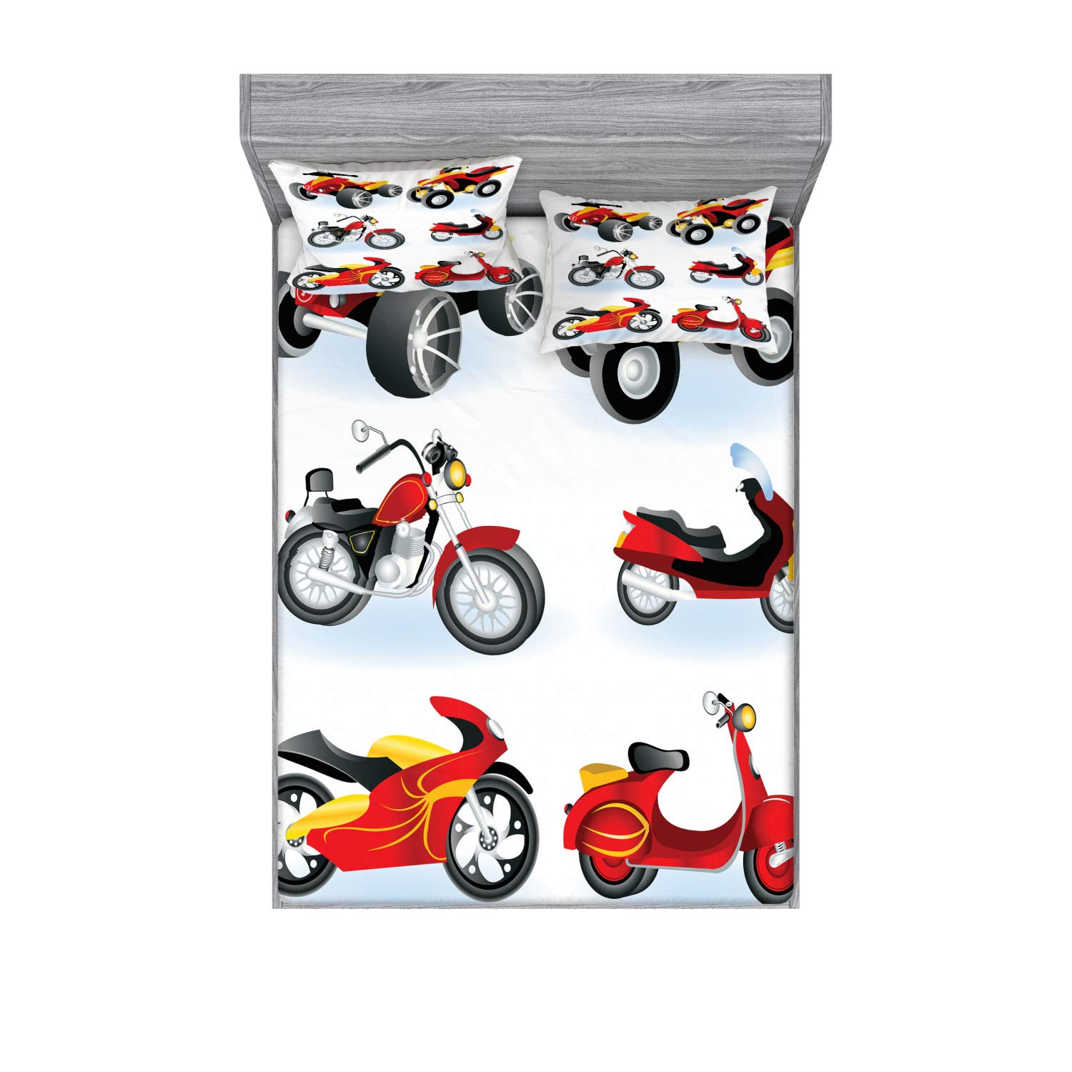 Ambesonne Motorcycle Fitted Sheet & Pillow Sham Set, Motorcycles Sportsman Competition Amusement Leisure Cartoon Illustration, Decorative Printed 3 Piece Bedding Decor Set, Queen, Black Yellow