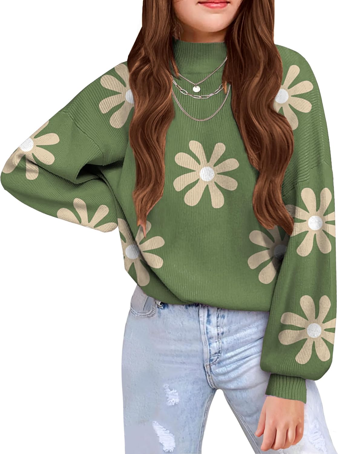 Arshiner Girls Sweater Mock Neck Pullover Casual Latern Sleeve Knit Jumper Tops