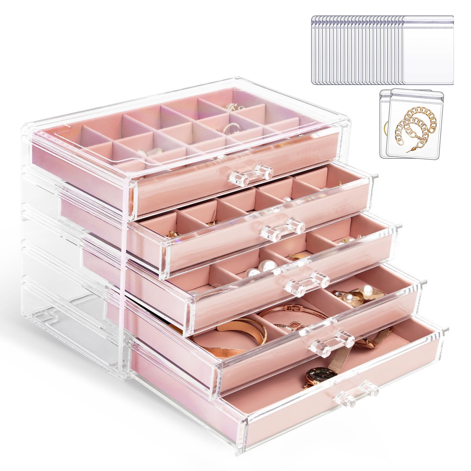 KAMIER Earring Jewelry Organizer with 20 Pcs Portable Jewelry Bag, Clear Acrylic Jewelry Organizer Box for Women with 5 Drawers for Earrings Ring Bracelet Necklace