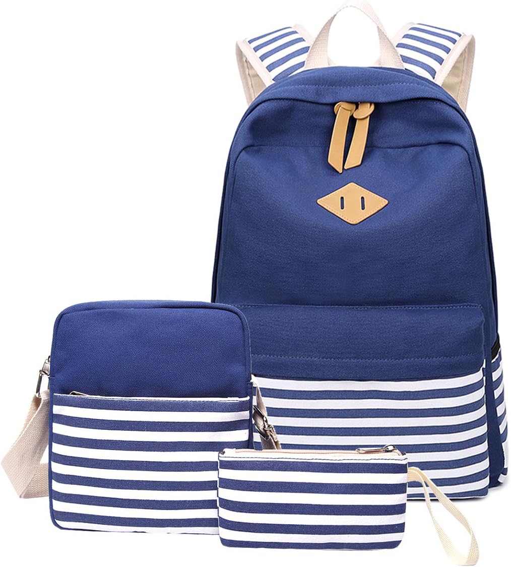 blue and white striped backpack
