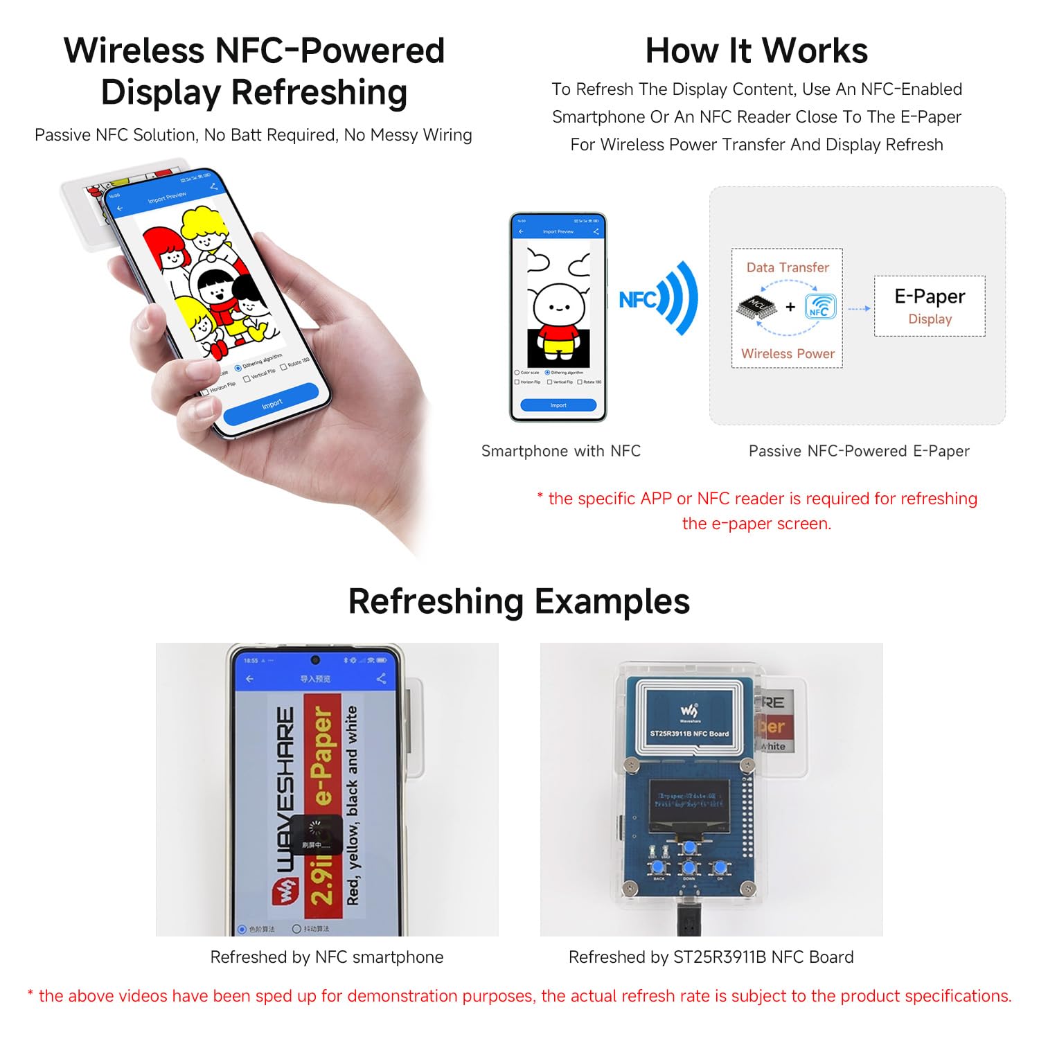 Waveshare 2.9inch Passive NFC-Powered e-Paper (G), Red/Yellow/Black/White 4-Color Displaying, No Batt Required, Wireless Powering & Refreshing, ABS Case