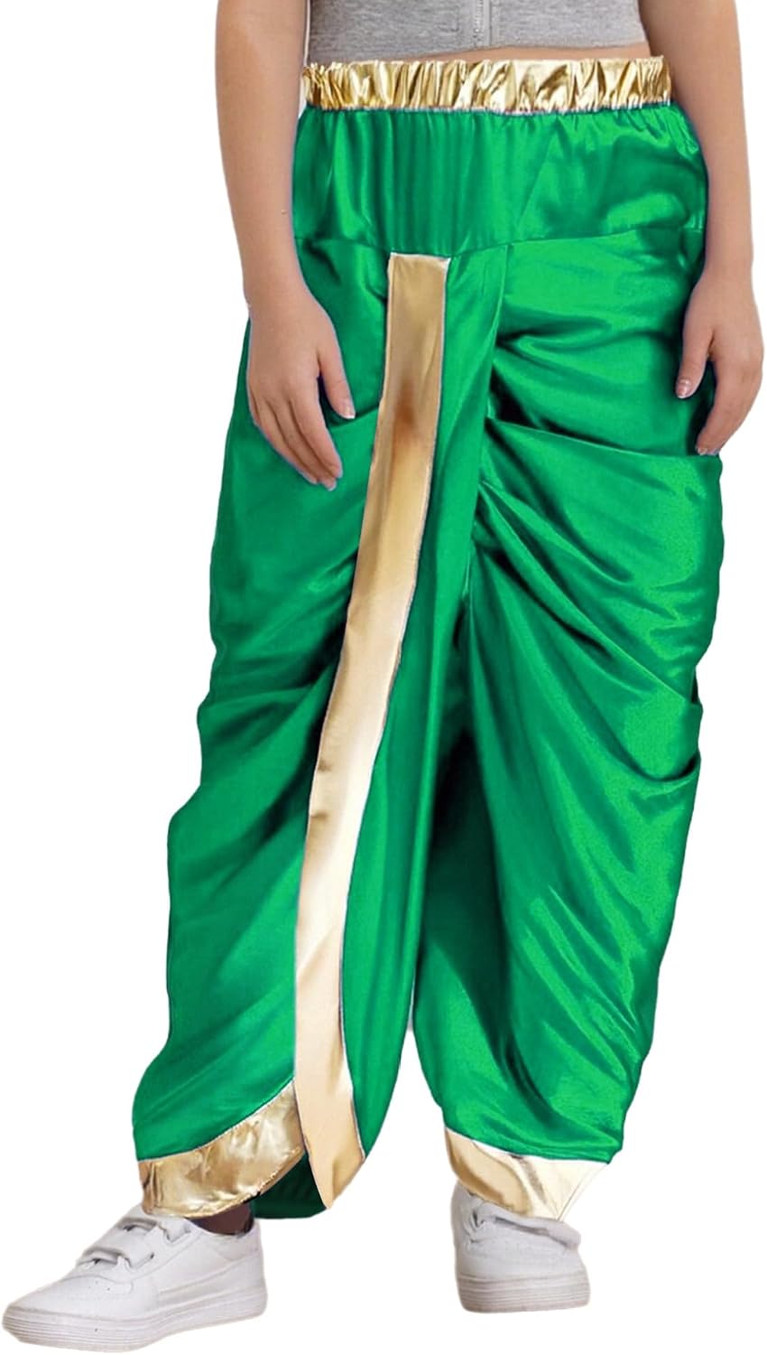 ranrann Kids Boys Satin Dhoti Pants Metallic Elastic Waist Hippie Dance Draped Harem Baggy Indian Yoga Trousers