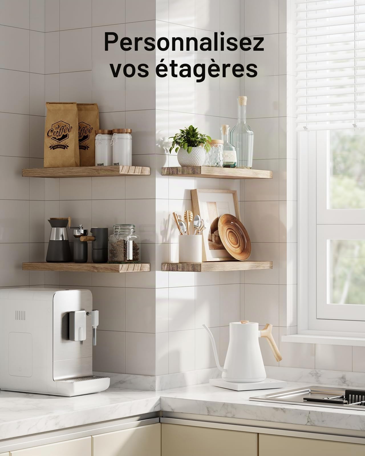 Pipishell Étagères Murales, Etagere Murale de 40 cm, étagères murales en Bois de Paulownia, Ensemble de 4 étagères en Bois pour Salle de Bain, Chambre, Bureau, Salon, Cuisine, etc. (Brun Clair)