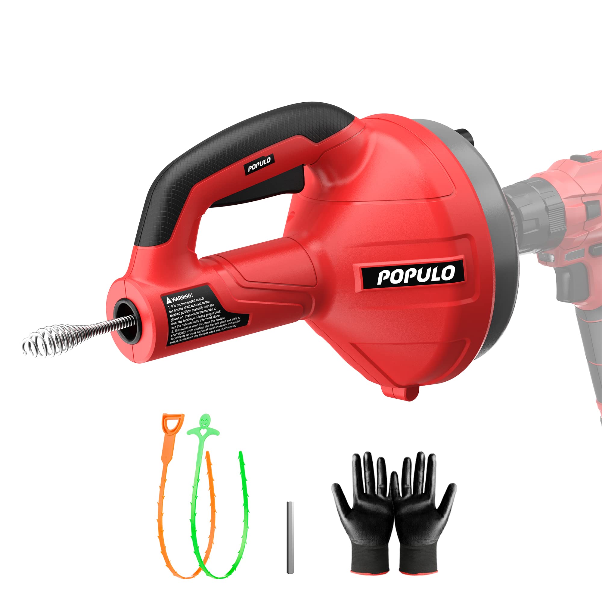 POPULO Drain Auger, 23 Ft Snake Drain Clog Remover, Heavy Duty Plumbing Snake Use Manually or Powere