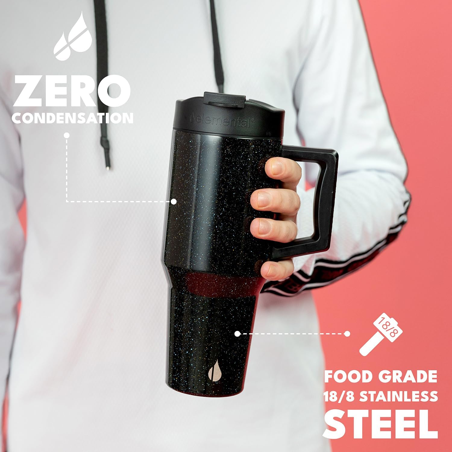 Elemental 32 oz 100% Leak Proof Tumbler with Handle & Straw - Stainless Steel Double Wall Insulated Tumbler for Hot and Cold Beverages - Travel Coffee Mug with Sip & Straw Lid - Black Speckle