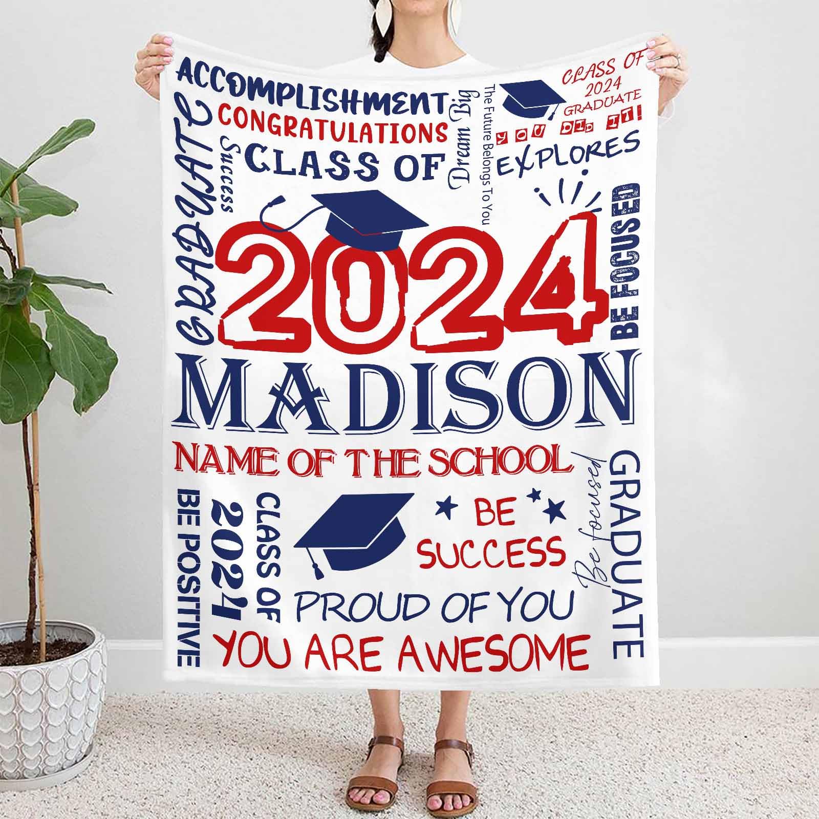 Artsadd Personalized Boys Girls Graduation Gift Customized White Class of 2024 Graduate Custom Senior 2024 Throw Blanket for High School College University Graduates 2024 70x80 Inch