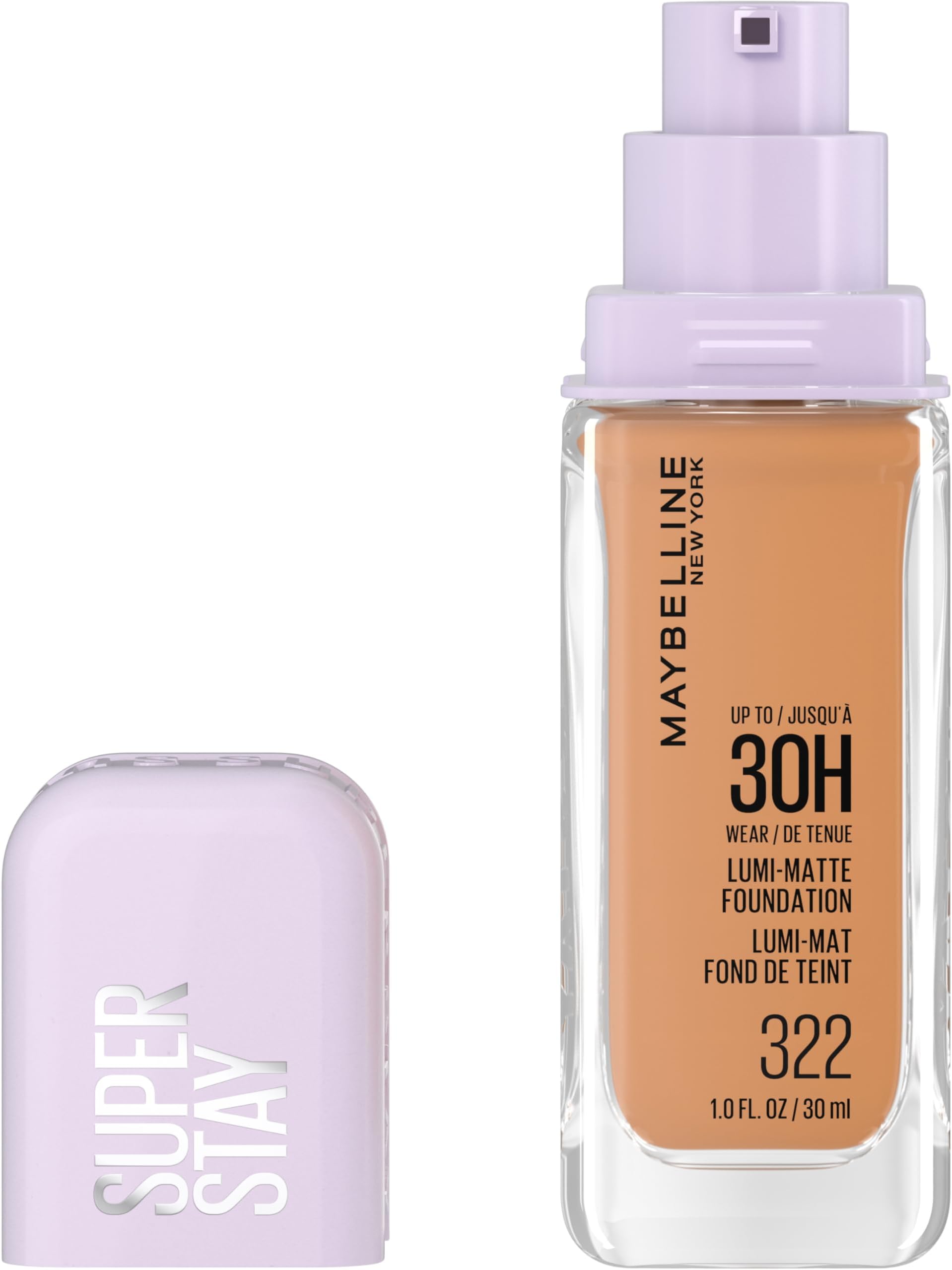 Maybelline Super Stay Lumi-Matte Foundation, Lightweight and Buildable Full Coverage Foundation Makeup For Up To 30HR Wear, 322, 1 Count