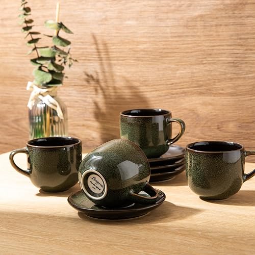 Juego de 4 tazas de café espresso de 3 onzas con platillos, tazas de café espresso de cerámica, aptas para horno y lavavajillas y microondas,
