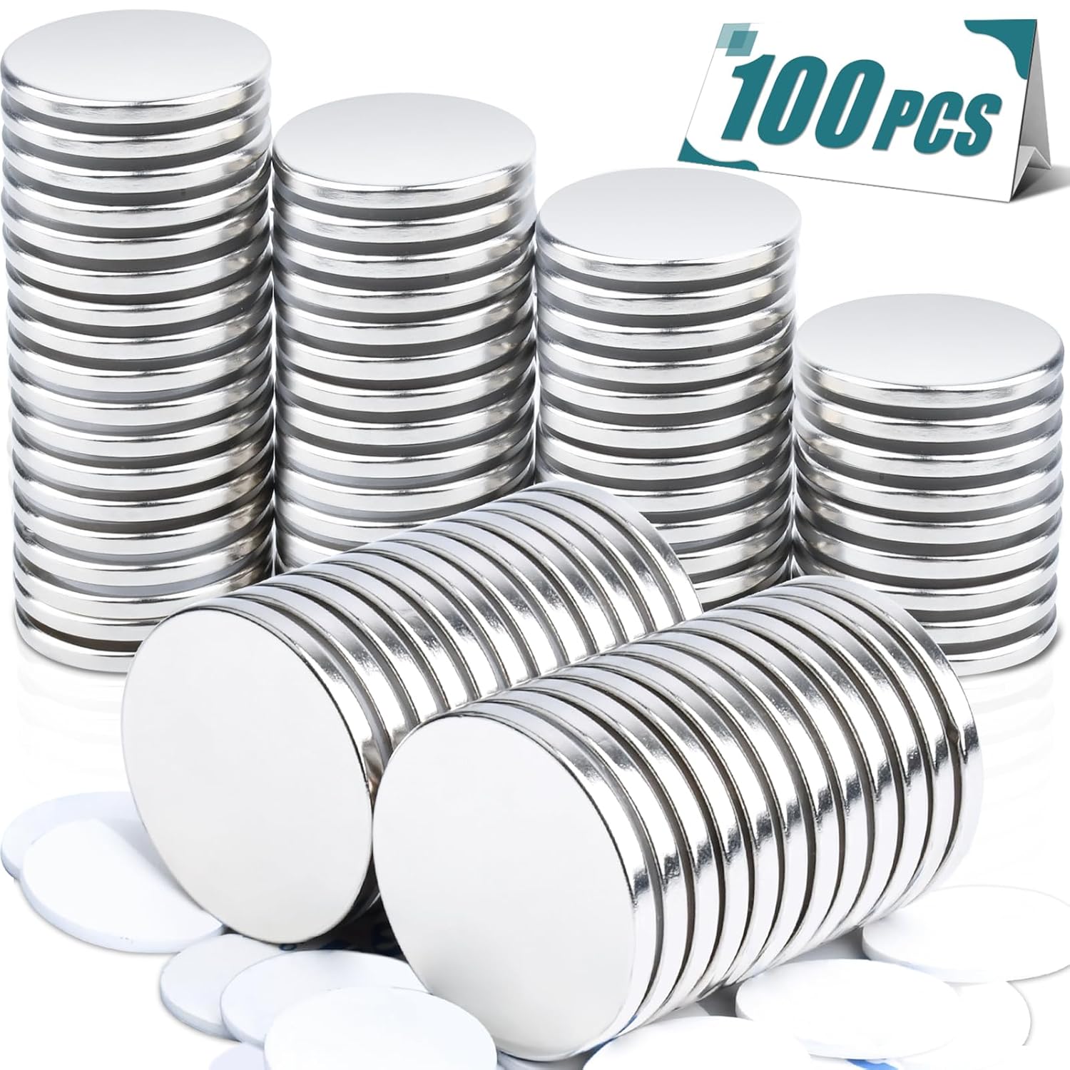 MAGXCENE 100 Pcs Strong Neodymium Disc Magnets with Double-Sided Adhesive, 1.26 inch x 1/8 inch Round Rare Earth Magnets for Office, Industrial