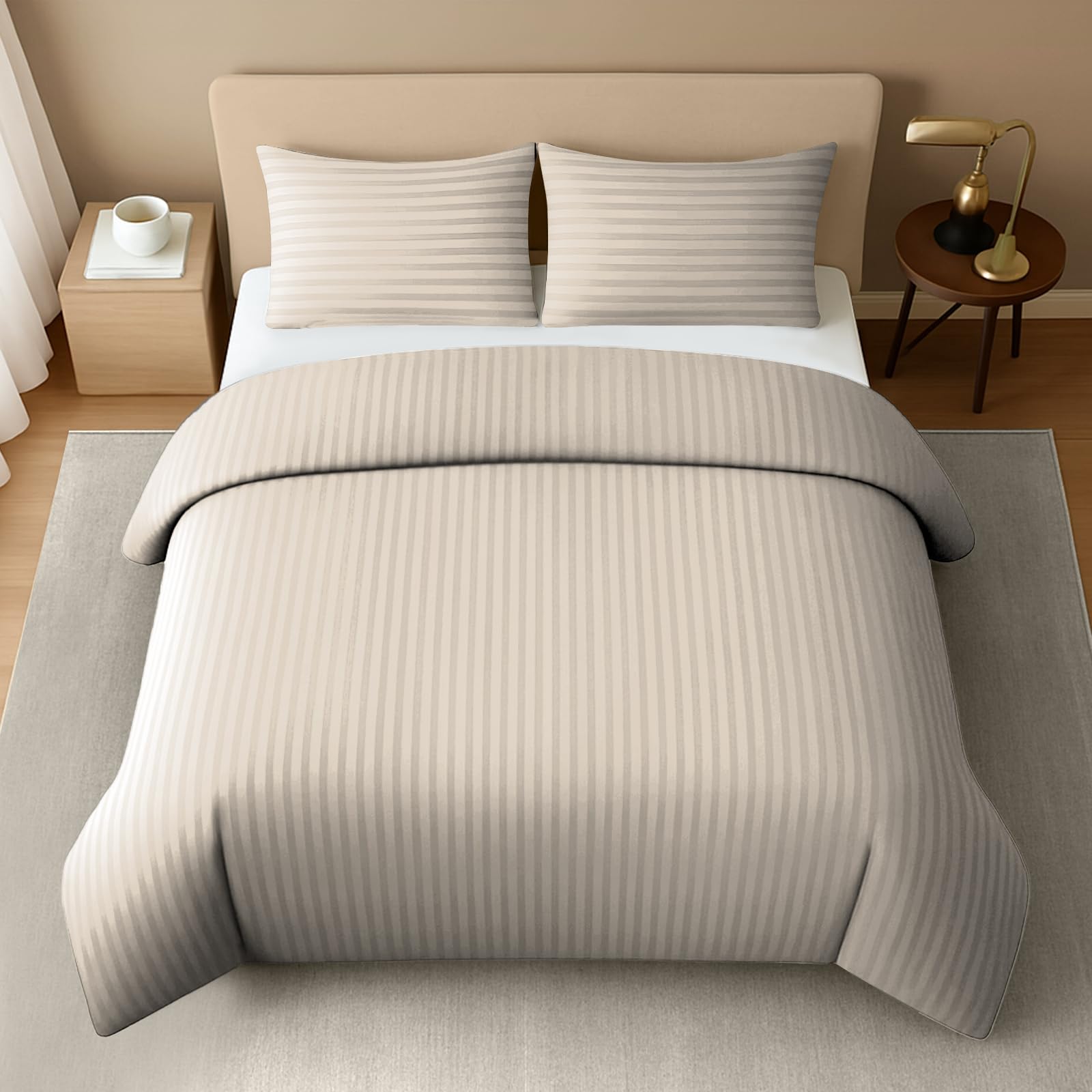 Pamposh Set copripiumino king size a righe satinate, qualità alberghiera, biancheria da letto ipoallergenica ultra morbida in microfibra