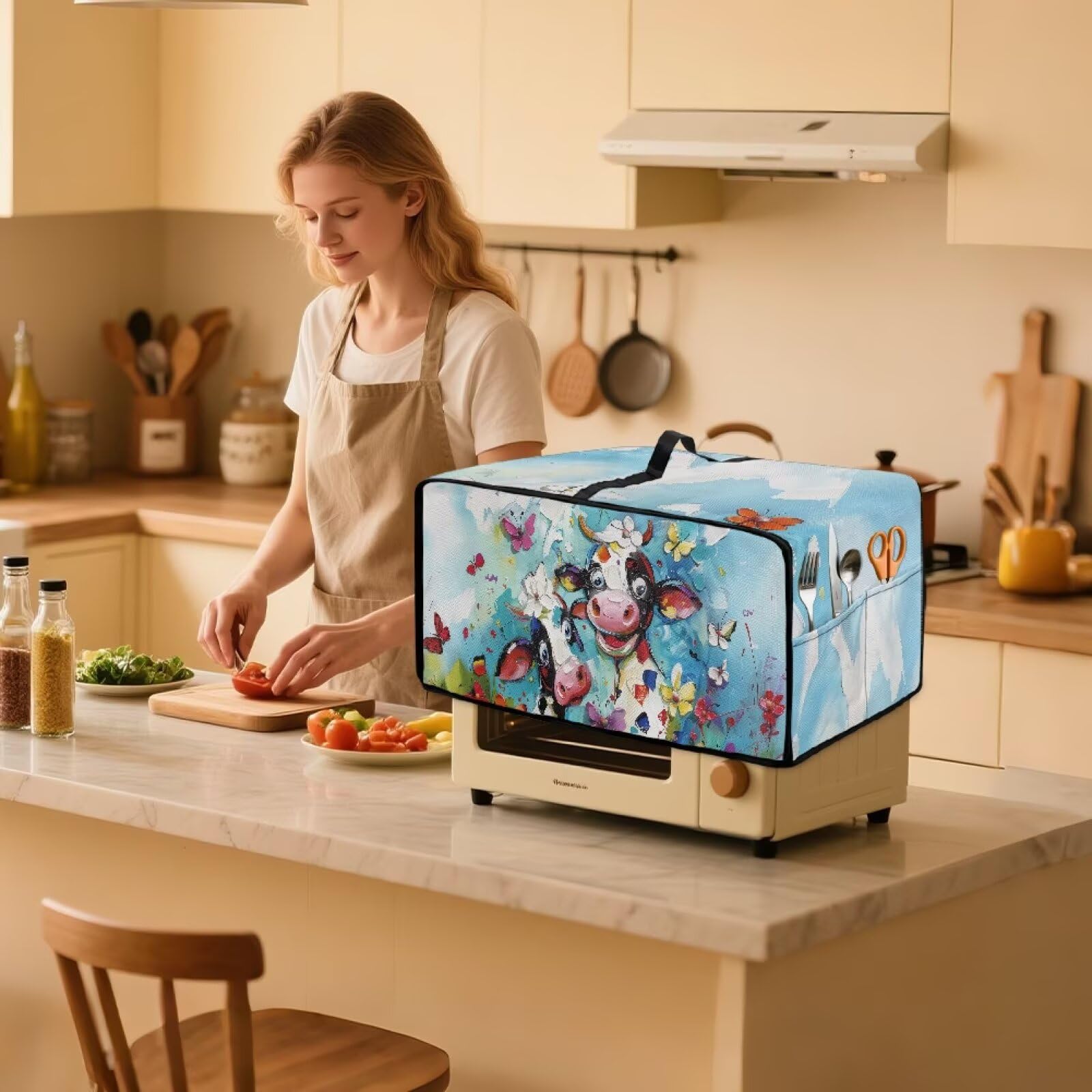 Wanyint Toaster Oven Protector Stain-Resistant Polyester Smart Oven Air Fryer Protective Case with Accessory Pockets Home Kitchen Decoration, 18.5 x 14.5 x 9 Inches, Cow Flower Oil-painting
