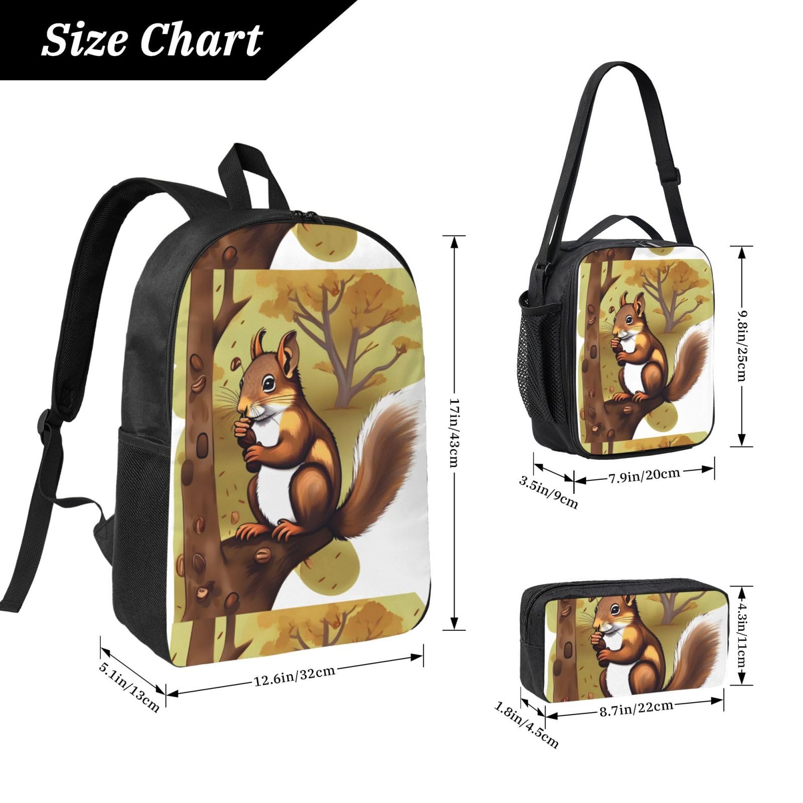 Set di astucci portapranzo con scoiattolo che mangia noci da 43 cm, stampa carina, resistente tessuto Oxford.