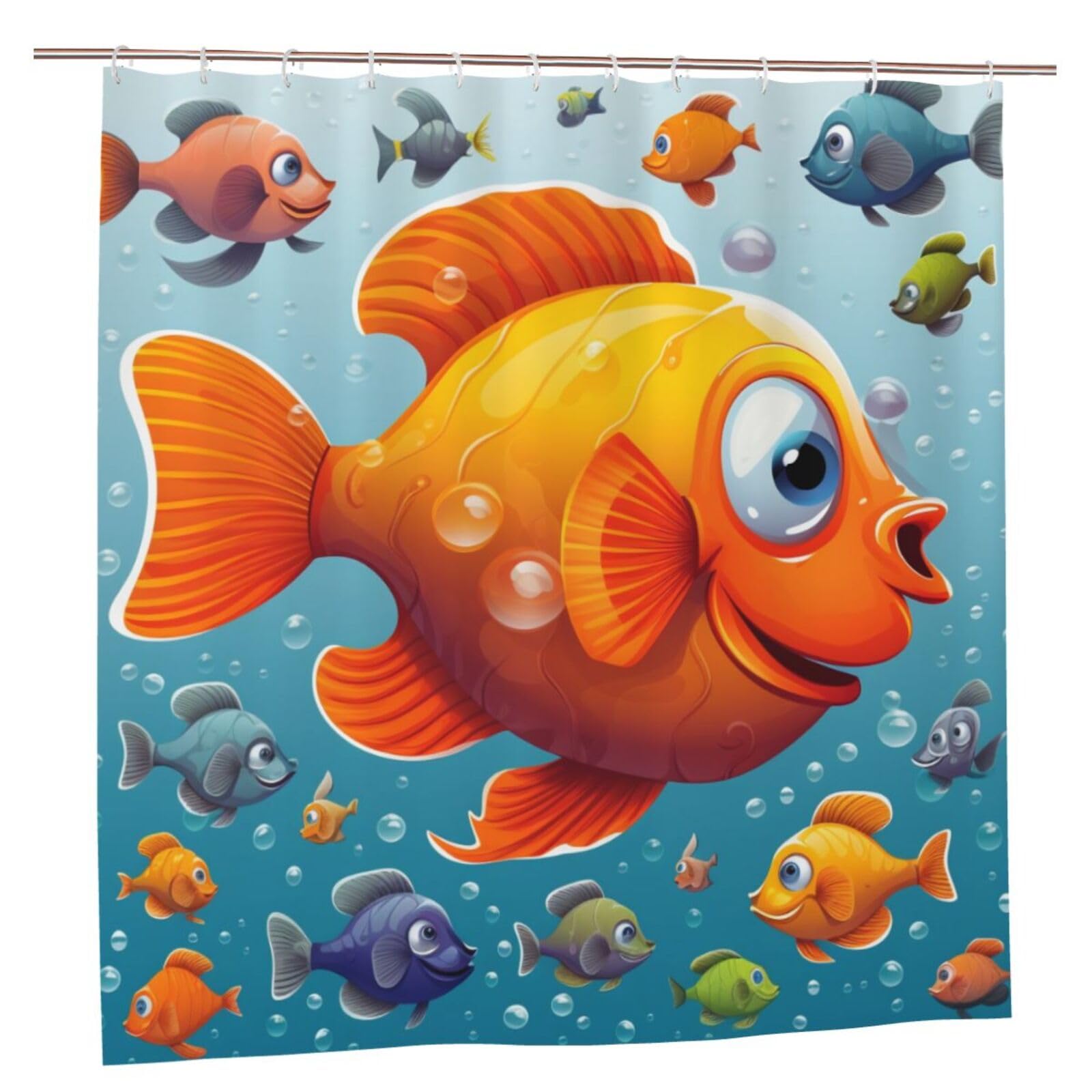 BWWHCCTI Cartoon Fish Printed Shower Curtain With 12 Plastic Hooks Opaque Quick Drying Waterproof Shower Curtains Sets For Bathroom 183x183 CM