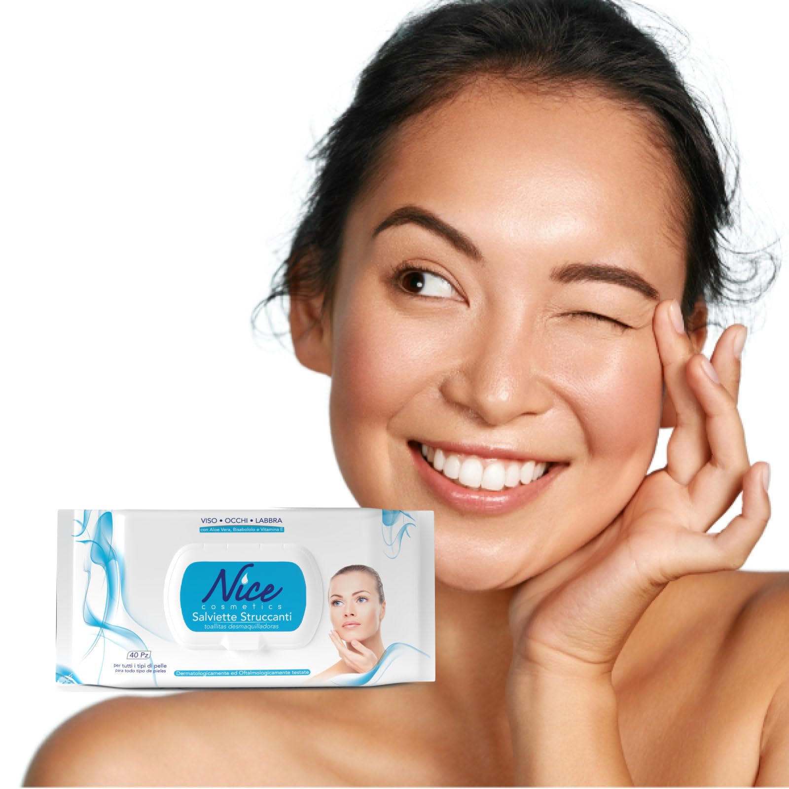 Nice Salviette Struccanti per Viso, Occhi e Labbra, con Aloe Vera, Bisabololo e Vitamina E, Dermatologicamente e Oftalmologicamente Testate, Confezione da 40 Salviette