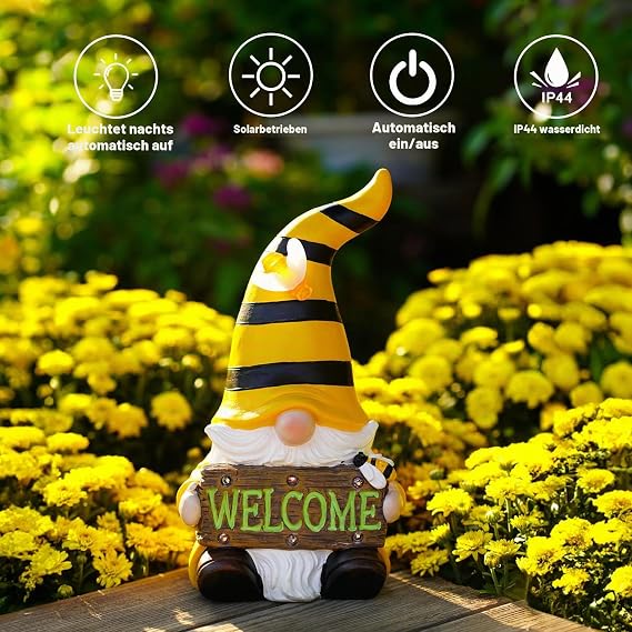 Goodeco Solar Gelbe Bienenzwerg Statue mit LED Solar Willkommenslicht Dekorative Gartenornament Zwerg Geschenke für Mama/Oma