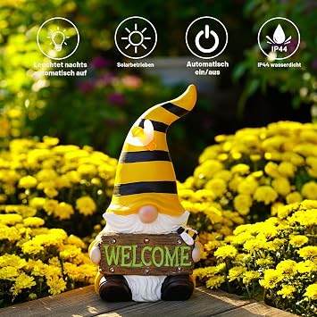 Goodeco Solar Gelbe Bienenzwerg Statue mit LED Solar Willkommenslicht Dekorative Gartenornament Zwerg Geschenke für Mama/Oma