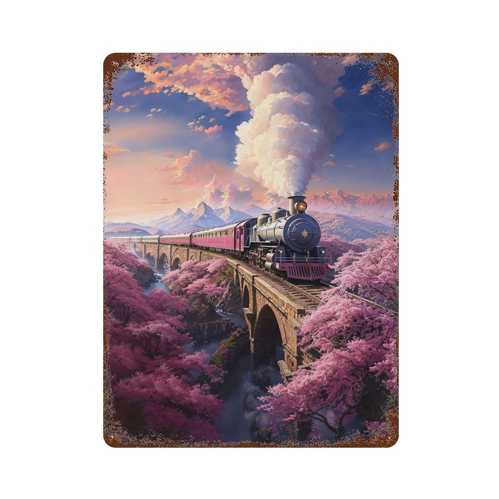 Vintage Sakura Steam Train Weathered Tin Sign 15.7"x11.8", Shabby Chic Decor for Garage, Pub Or Kitchen