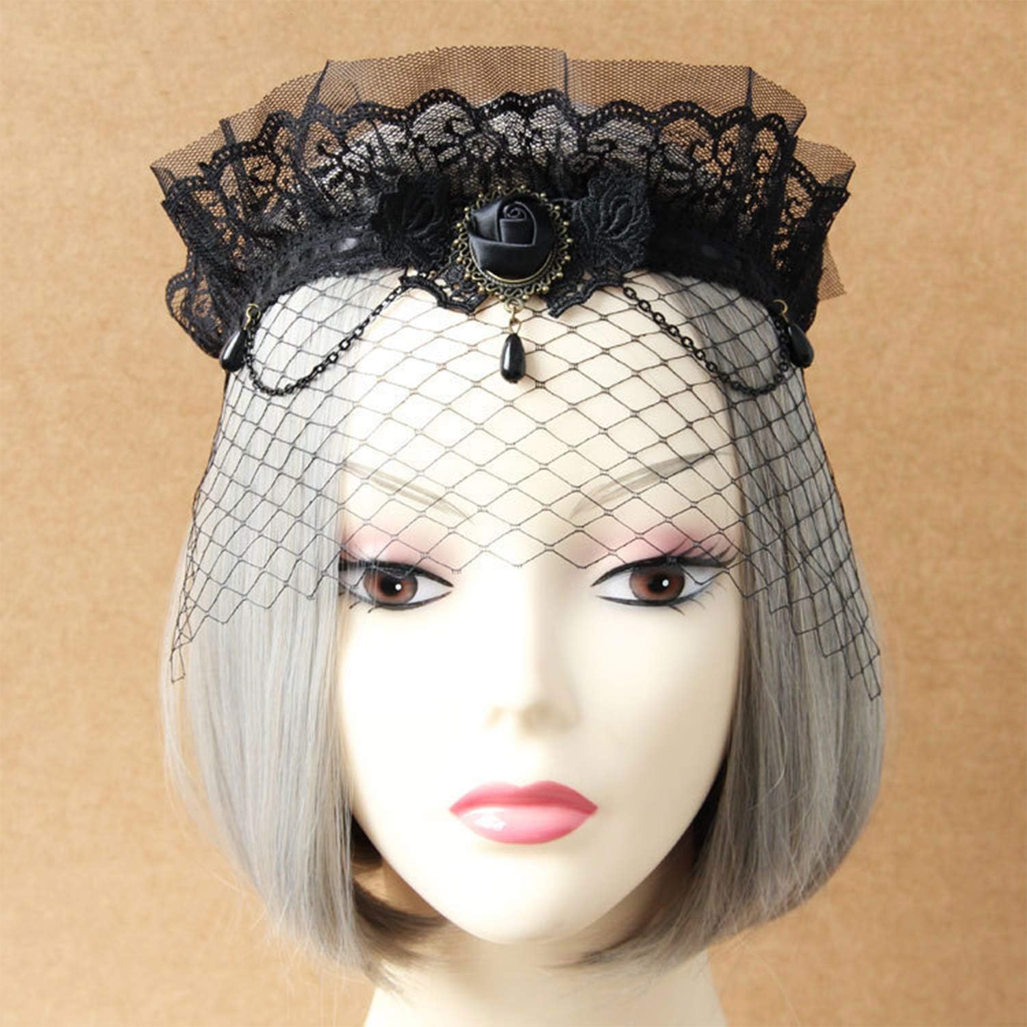 Womens Crown Fascinator Veil Headband Gothic Half Face Lace Veil