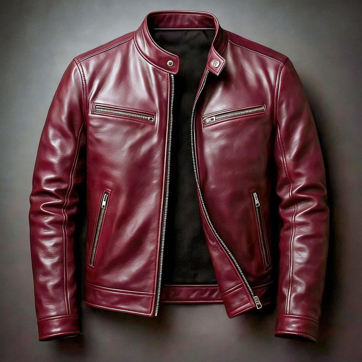 Men's Stand Collar Moto Jacket Slim Fit Full Zip Fashion Biker Coat